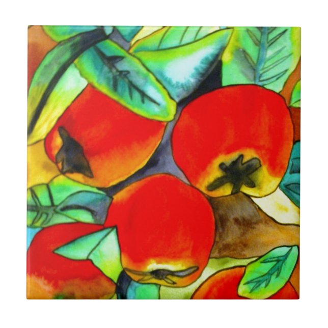 Red Apples watercolor original art painting Ceramic Tile (Front)