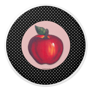 Red Apples White on Black Polka Dots Ceramic Knob