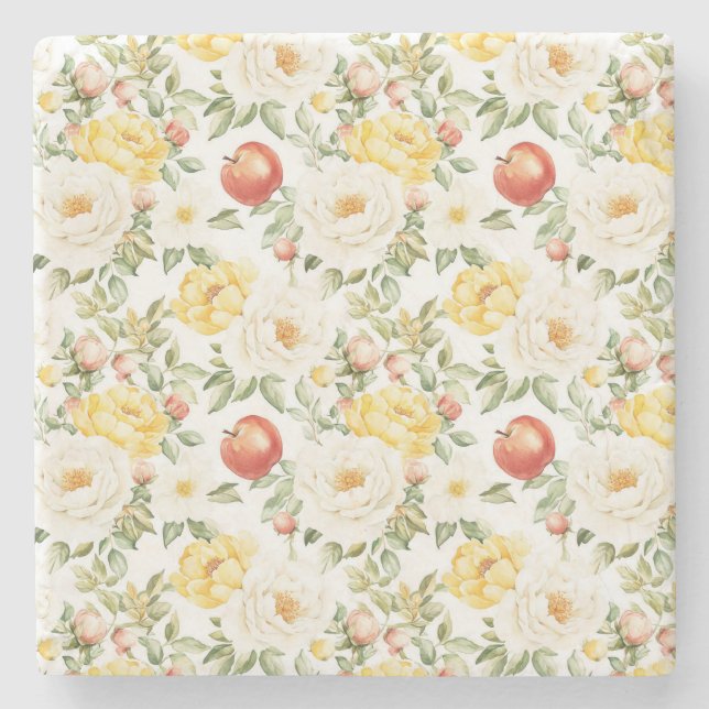 Red Apples Yellow White Flowers Stone Coaster (Front)