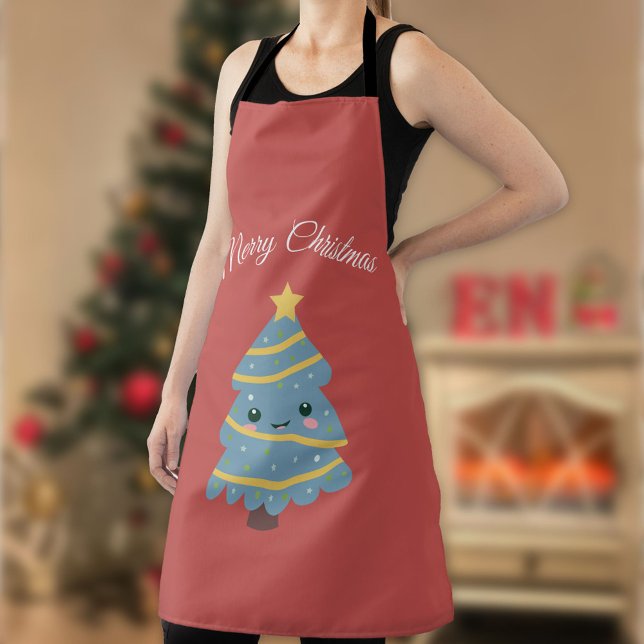 Red Apron with Kawaii Christmas Tree  (Red Apron with Kawaii Christmas Tree )