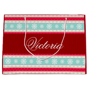 Red Aqua Blue Christmas Pattern Personalised Name Large Gift Bag