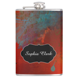 Red, Aqua & Gold Grunge Abstract Art, Personalised Hip Flask