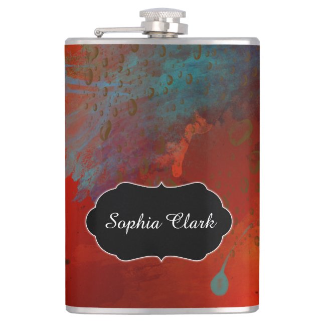 Red, Aqua & Gold Grunge Abstract Art, Personalised Hip Flask (Front)