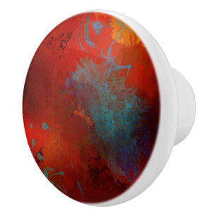 Red, Aqua & Gold Grunge Digital Abstract Art Ceramic Knob