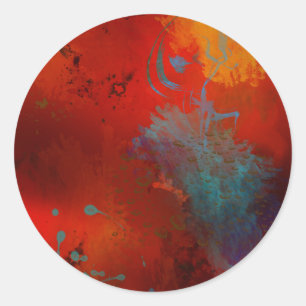 Red, Aqua & Gold Grunge Digital Abstract Art Classic Round Sticker