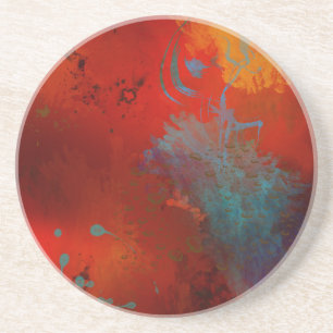 Red, Aqua & Gold Grunge Digital Abstract Art Coaster