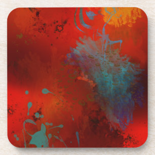 Red, Aqua & Gold Grunge Digital Abstract Art Coaster