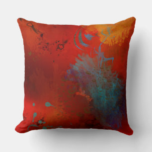 Red, Aqua & Gold Grunge Digital Abstract Art Cushion