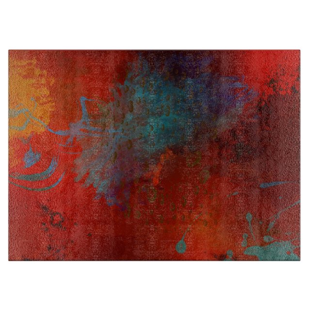 Red, Aqua & Gold Grunge Digital Abstract Art Cutting Board (Front)