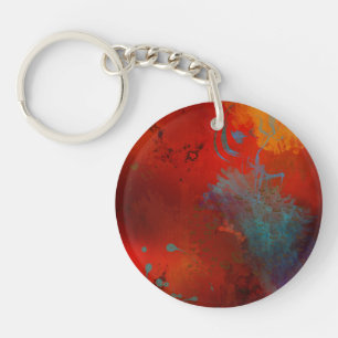 Red, Aqua & Gold Grunge Digital Abstract Art Key Ring