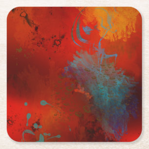 Red, Aqua & Gold Grunge Digital Abstract Art Square Paper Coaster