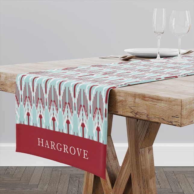 Red & Aqua Holiday Ikat Pattern | Family Name Medium Table Runner (Creator Uploaded)