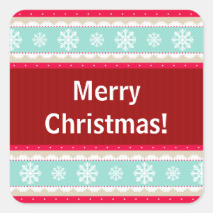 Red Aqua Striped Christmas Pattern Custom Text Square Sticker
