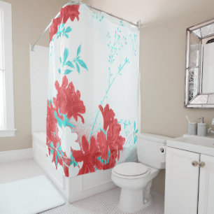 Red aqua teal spring flower blossom shower curtain