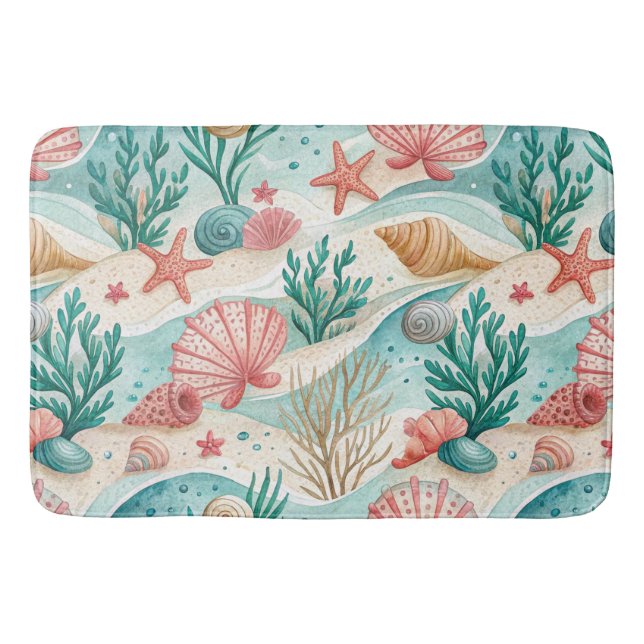 RED & AQUA TROPICAL SEASHELLS & STARFISH BATH MAT (Front)