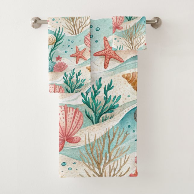 RED & AQUA TROPICAL SEASHELLS & STARFISH BATH TOWEL SET (Insitu)
