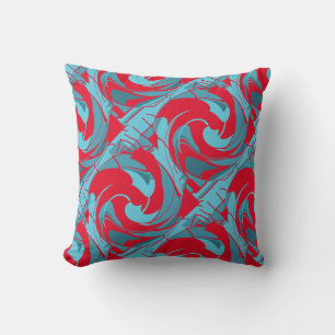 Red Aqua Turquoise Diagonal Twirling Art Design Cushion