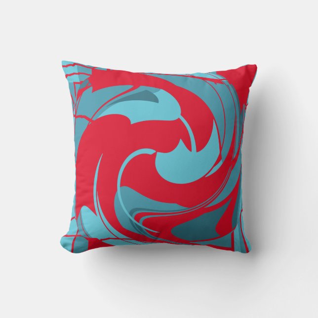 Red Aqua Turquoise Swirling Abstract Flower Design Cushion (Front)