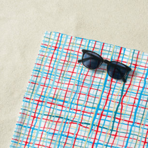 Red Aqua Turquoise Yellow Squiggly Lines Plaid Beach Towel