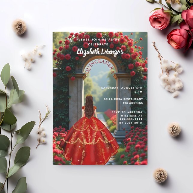 Red arch dress roses Quinceanera Invitation (Creator Uploaded)
