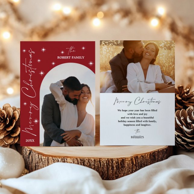 Red Arch Modern Script 2 Photo Merry Christmas  Holiday Card (Creator Uploaded)