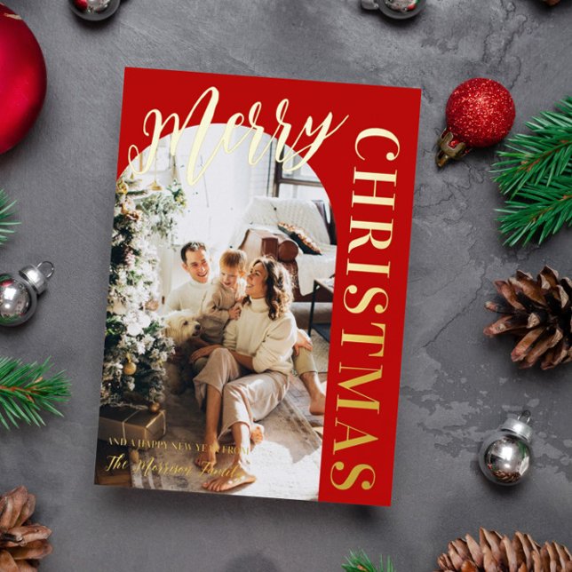 Red Arch Shaped Photo Merry Christmas Gold Foil Foil Holiday Card (Creator Uploaded)