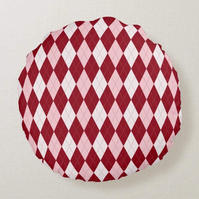 Red Argyle Crimson Pink Small Diamond Shape Round Cushion (Back)