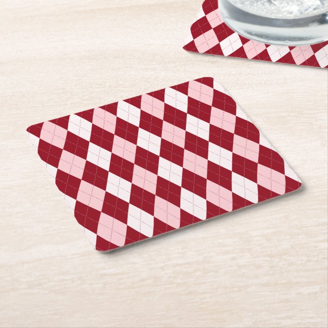 Red Argyle Crimson Pink Small Diamond Shape Square Paper Coaster (Angled)