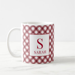 Red Argyle Plaid Monogram Name Coffee Mug