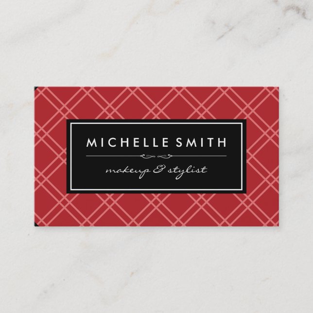 Red Argyle Print Black Label Business Card (Front)