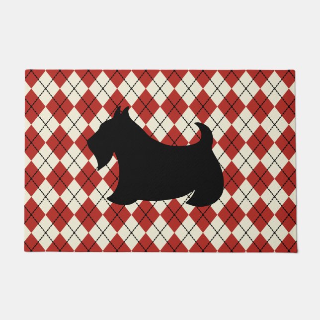 Red Argyle Scottish Terrier Doormat (Front)