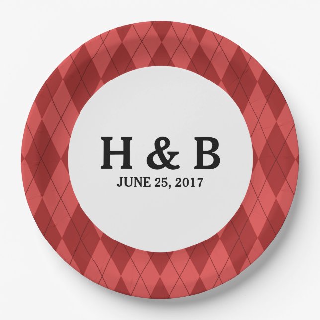 Red Argyle Wedding Paper Plates (Front)