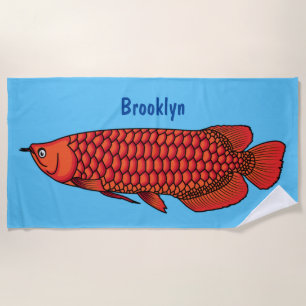 Red Arowana fish cartoon illustration Beach Towel