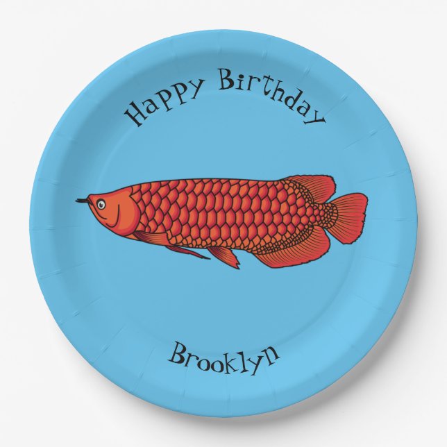 Red Arowana fish cartoon illustration  Paper Plate (Front)