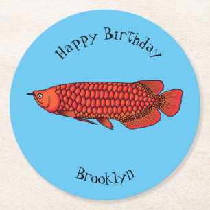 Red Arowana fish cartoon illustration Round Paper Coaster