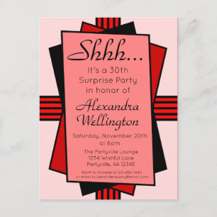 Red Art Deco 30th Surprise Party Birthday Invitation Postcard