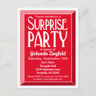 Red Art Deco Beveled Birthday Surprise Party Invitation Postcard