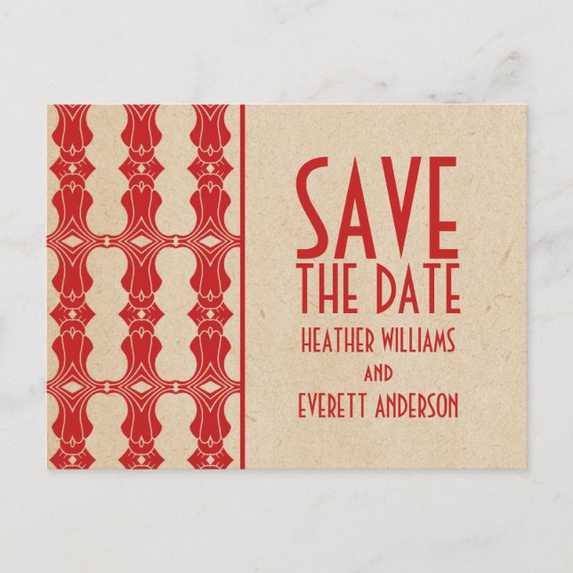 Red Art Deco Border Save the Date Postcard (Front)