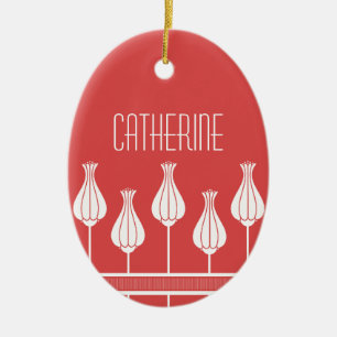 Red Art Deco Floral Oval Ornament