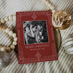 Red Art Deco Modern Photo Christmas Holiday Card