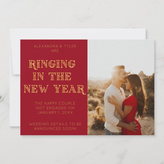 Red Art Deco Modern Photo New Year Engagement Announcement (Front)