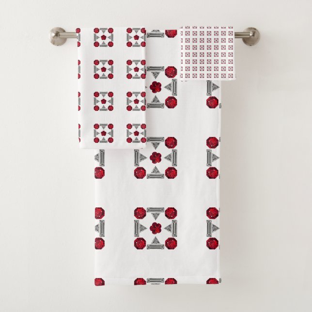 Red Art Deco Pattern Bath Towel Set (Insitu)