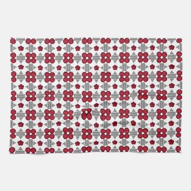 Red Art Deco Pattern Tea Towel (Horizontal)