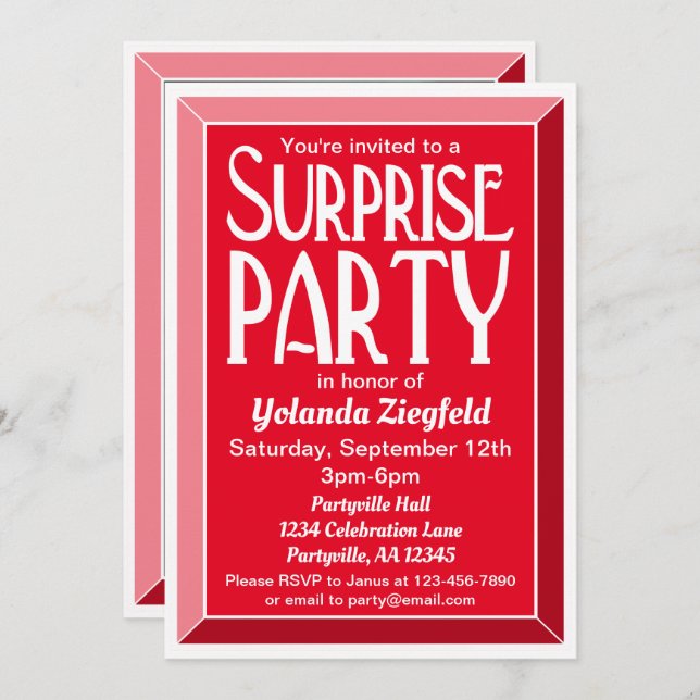 Red Art Deco Photo Birthday Surprise Party Invitation (Front/Back)