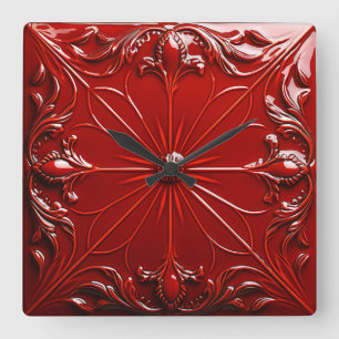 Red Art Deco Square Wall Clock