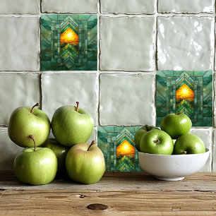 Red Art Deco Turquoise Green Gold Sun Ceramic Tile