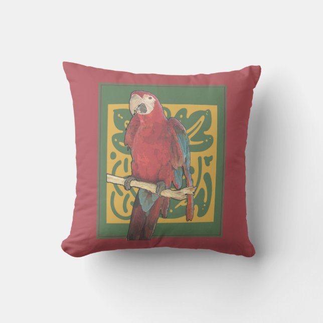 Red Art Nouveau Parrot Outdoor Cushion (Front)