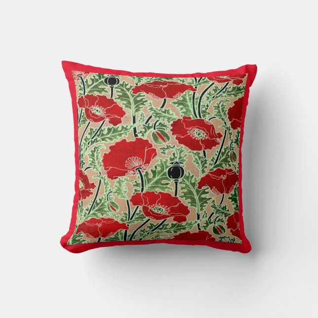 Red Art Nouveau Poppy Cushion (Front)