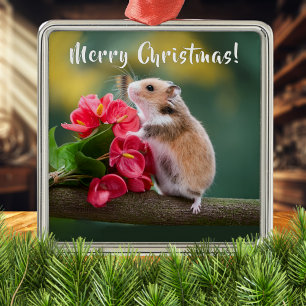 Red Arthurium with Hamster Merry Christmas Metal Ornament