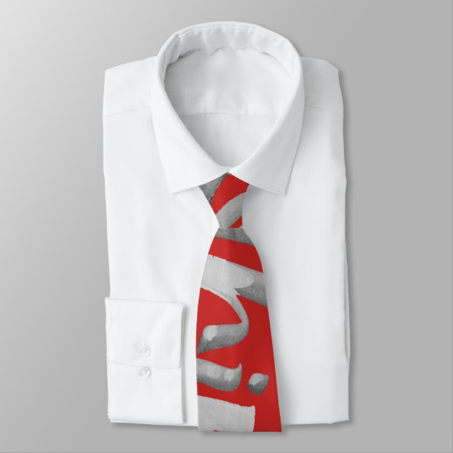 Red Artistic Bold Lettering Zen Brush Calligraphy Tie (Tied)